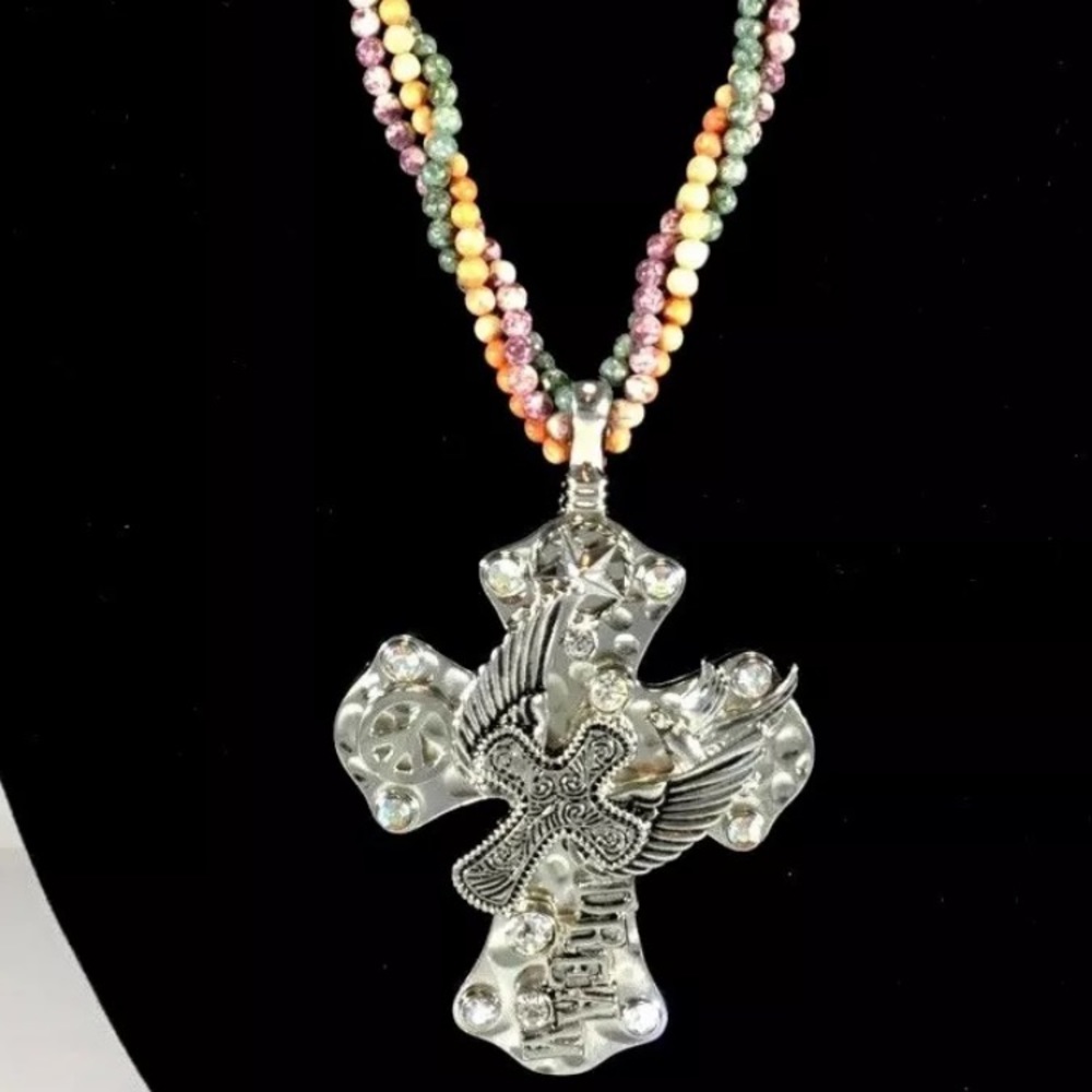 Stone Beaded Twisted Necklace w/ Dream Cross